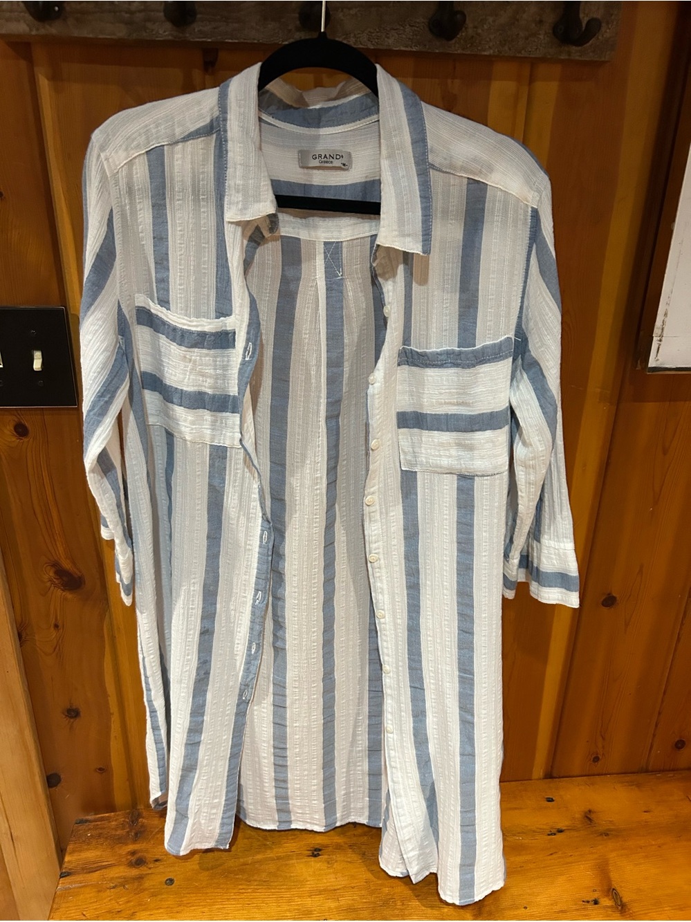 Grand Greece Blue White Striped Gauze Button-Up Shirt Tunic Beach Cover-Up, NWOT